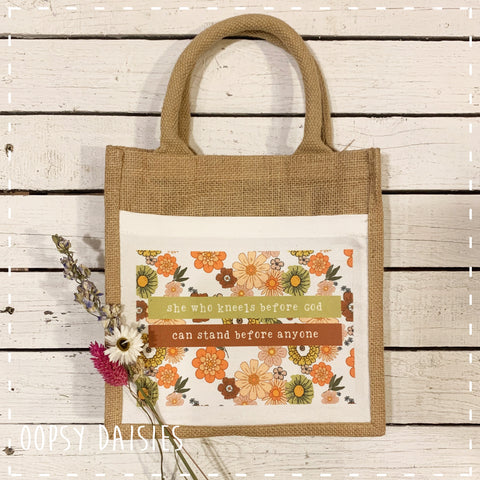 Book / Bible Jute Bag Retro Flower Print - She who Kneels 14255