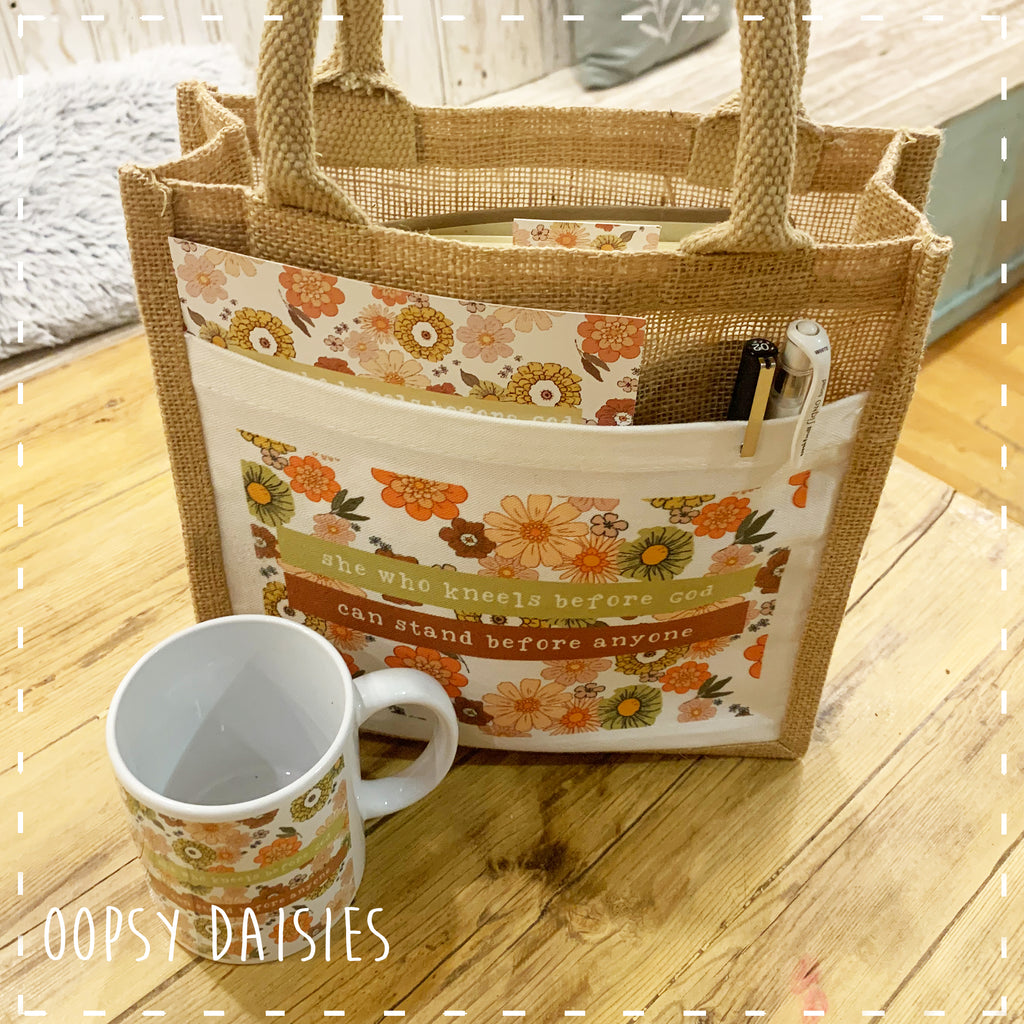 Book / Bible Jute Bag Retro Flower Print - She who Kneels 14255