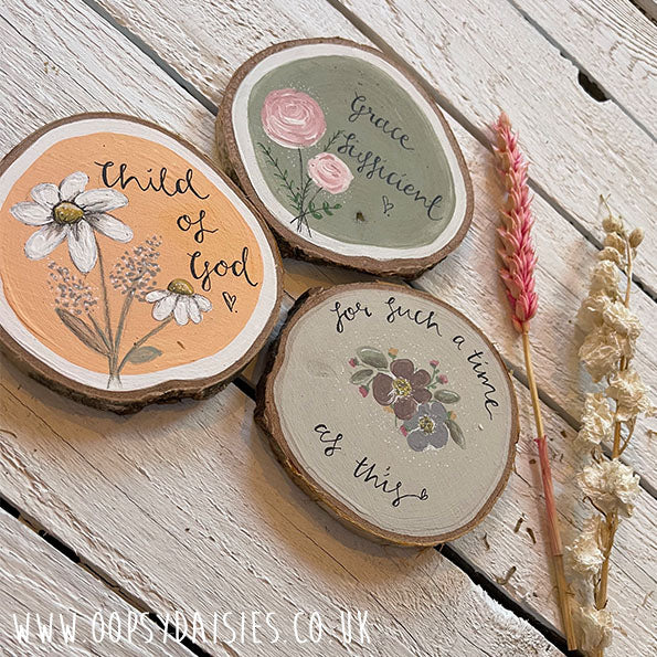 Log Slice Plaque - Flowers / Cream 13045