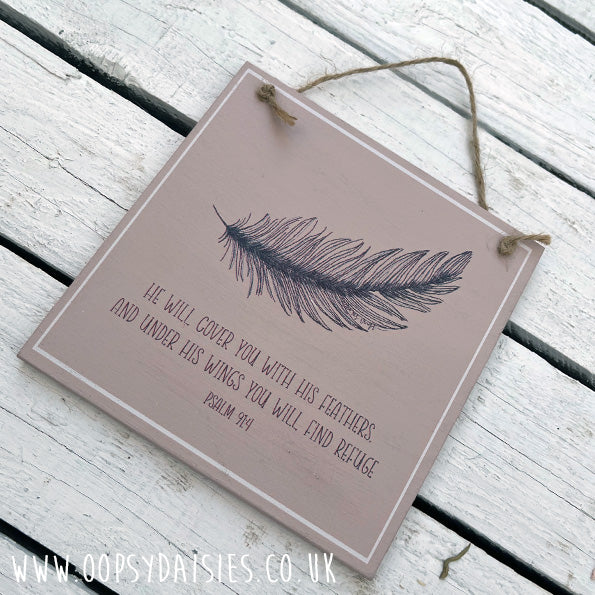 Sq Plq Feather - He Will Cover You 13047