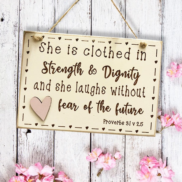 Handmade Lasered Md Plaque with Heart - She is Clothed 9808