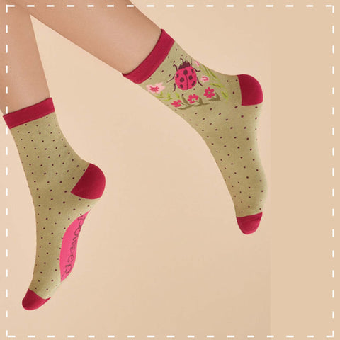 Powder Ankle Sock - Ladybird in Sage 14171