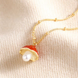 Pearl & Enamel Toadstool Charm Necklace in Gold 14393