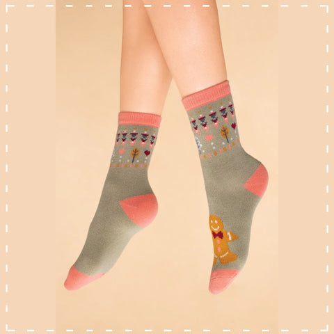 Powder Knitted Sock - Gingerbread Man in Sage 14032