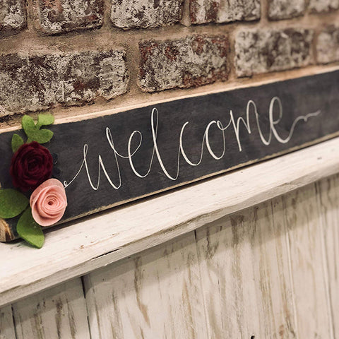 Handmade Long Pallet Sign with Felt Flowers - Welcome 9334
