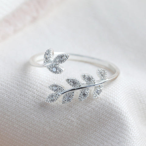 Adjustable Sterling Silver Crystal Fern Leaf Ring 13755