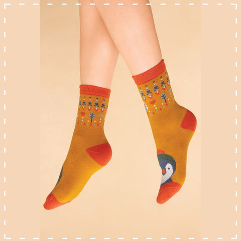 Powder Knitted Sock - Penguin in Mustard 14030